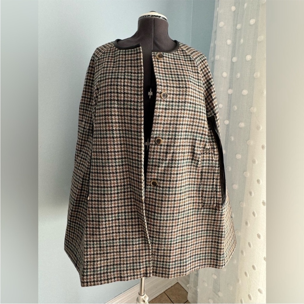 J. Crew Houndstooth Cape Coat in Saddle Seagrass Multi Size M/L - Picture 4 of 9